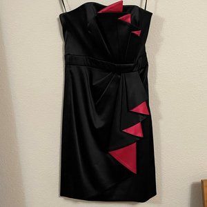 White House Black Market Black Satin Dress with Pink Pleat Accents; Size 00